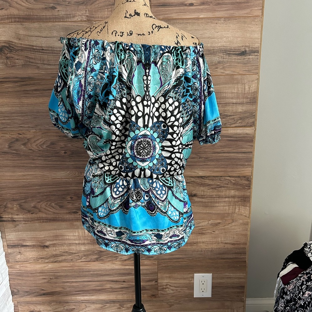Classique. bluish dress butterfly print dress. elastic waist.